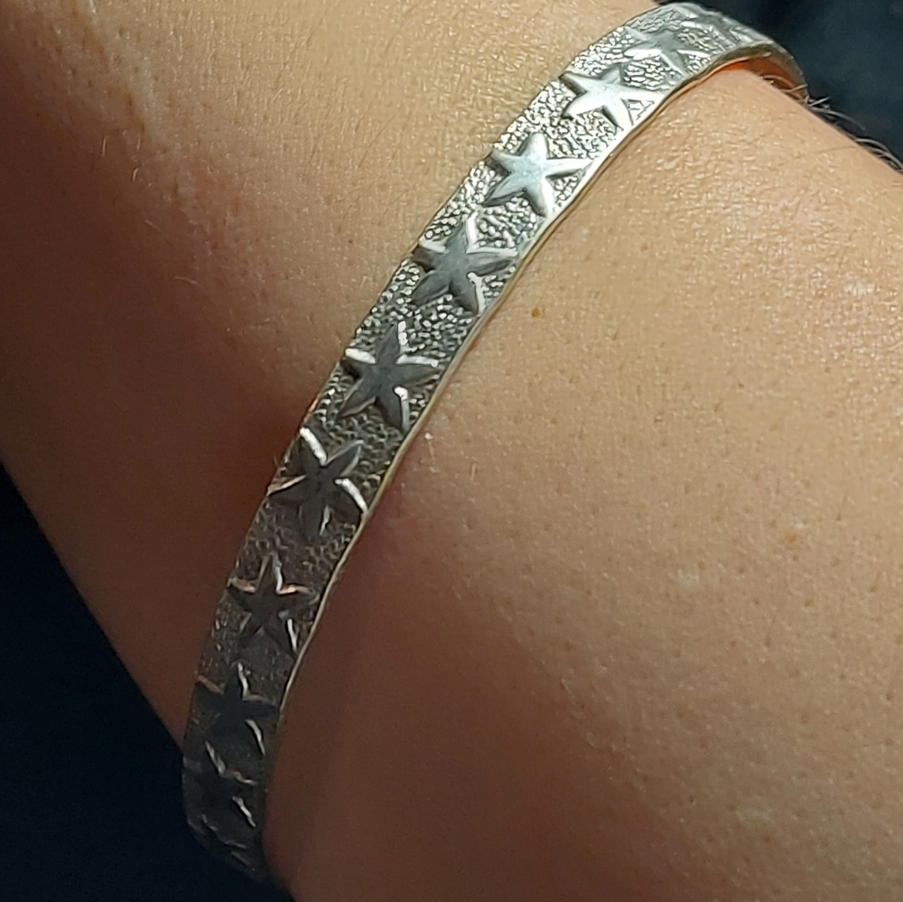 Vintage Mexican Solid Silver Star Bangle, Unique Handmade Item
